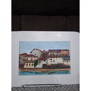 vintage watercolor painting artist signed, Santo Domingo Waterfront. Adam Cerrud